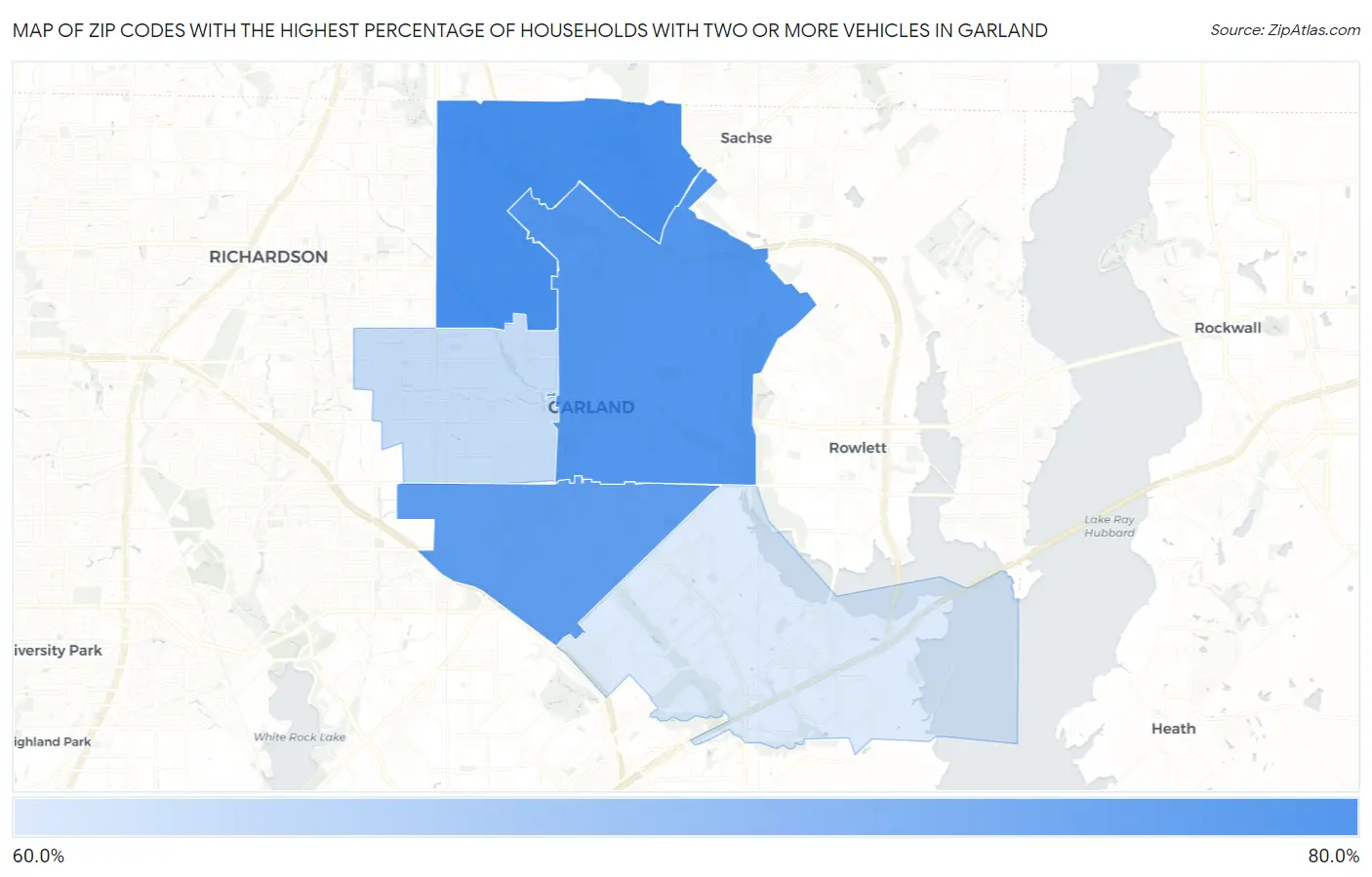 Zip Codes with the Highest Percentage of Households With Two or more Vehicles in Garland Map