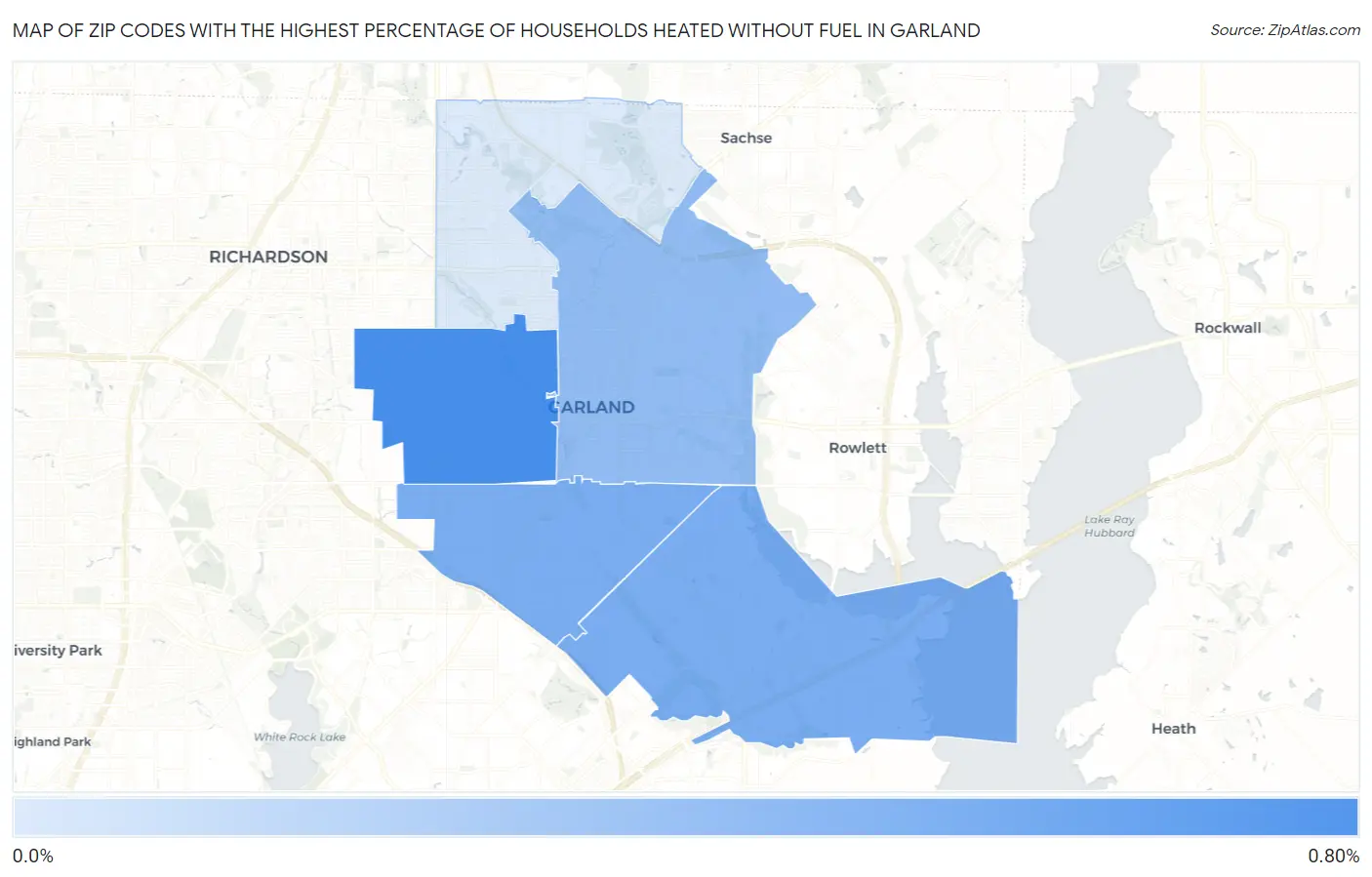 Zip Codes with the Highest Percentage of Households Heated without Fuel in Garland Map