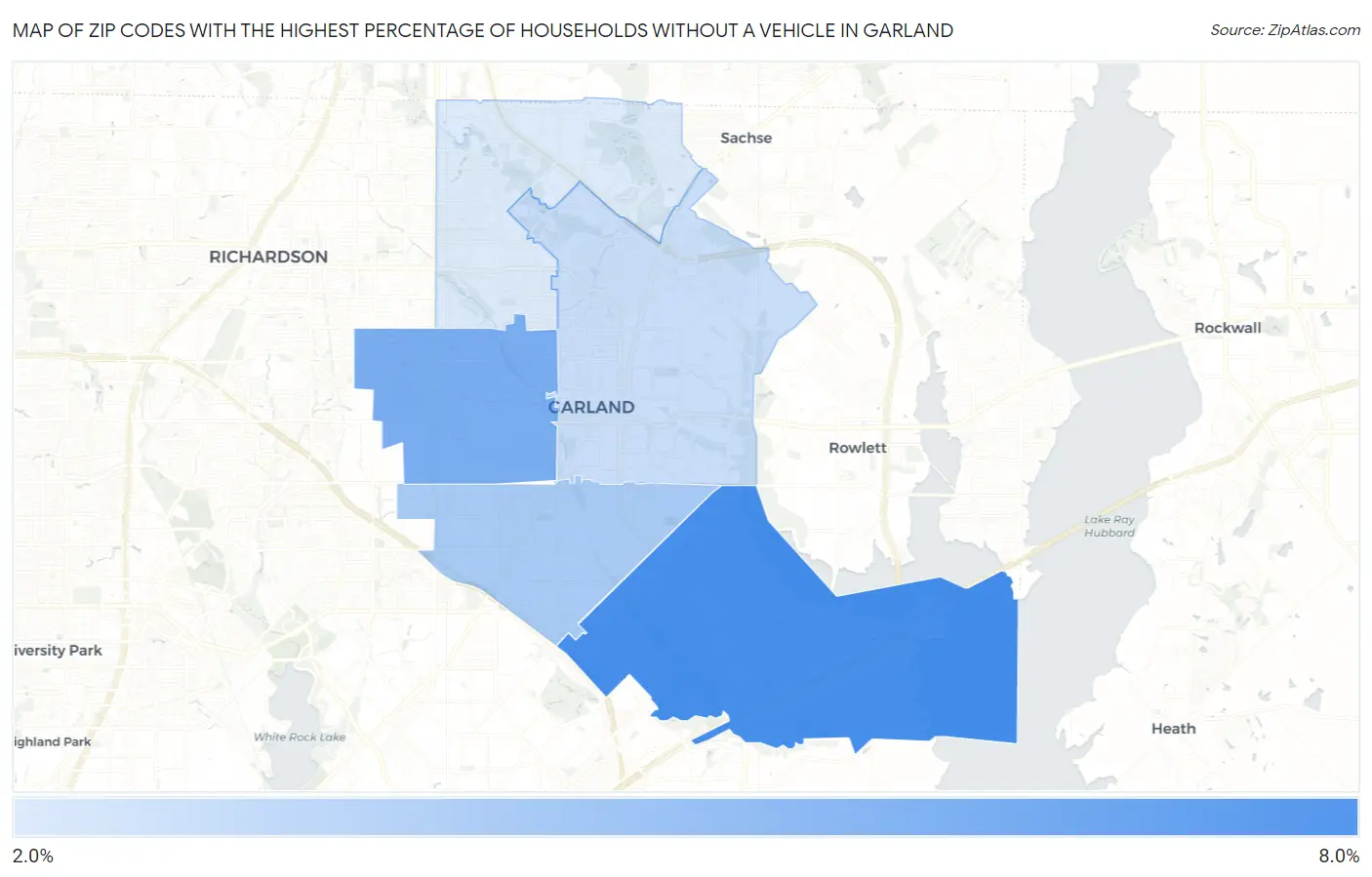 Zip Codes with the Highest Percentage of Households Without a Vehicle in Garland Map