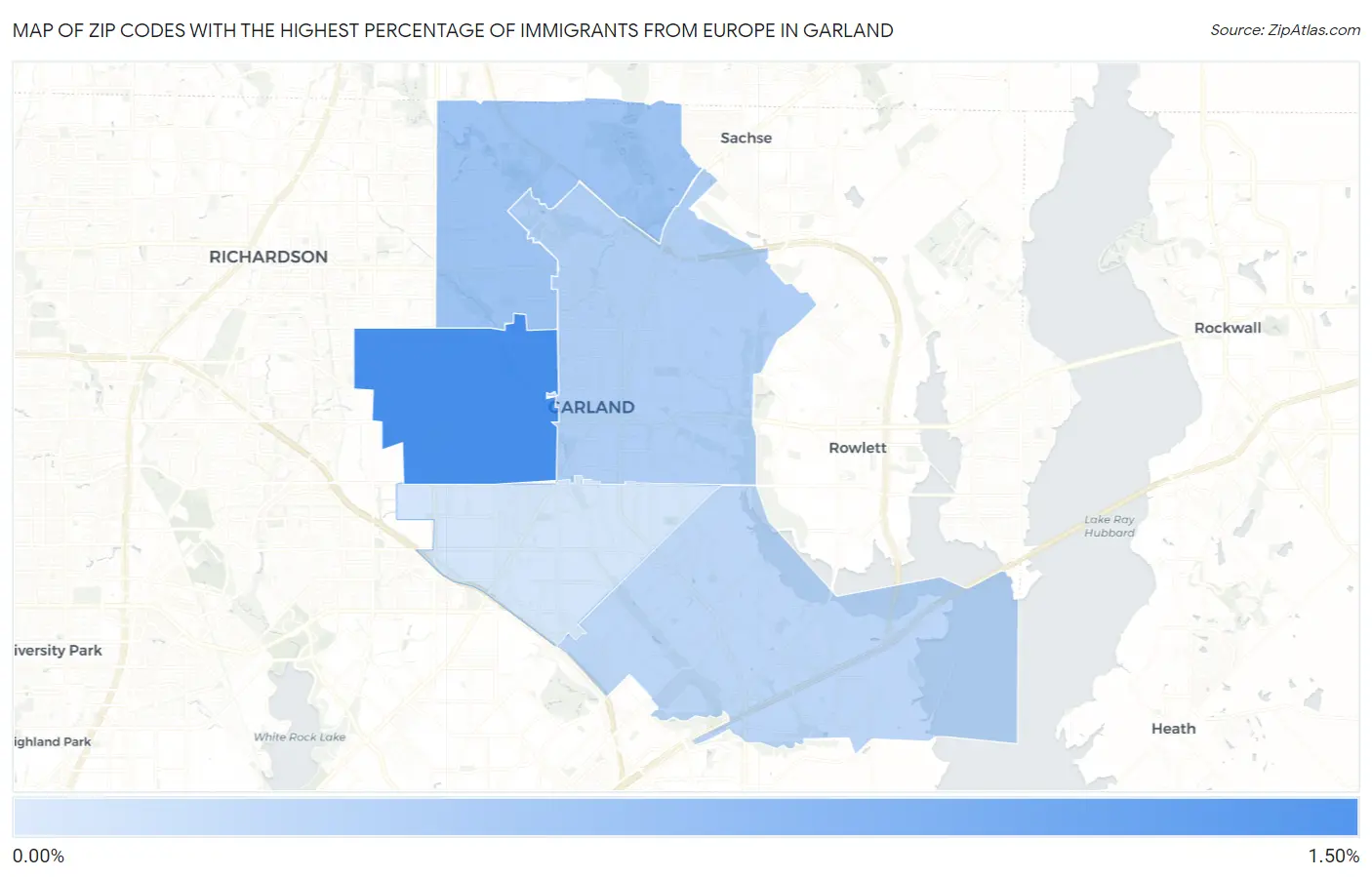 Zip Codes with the Highest Percentage of Immigrants from Europe in Garland Map