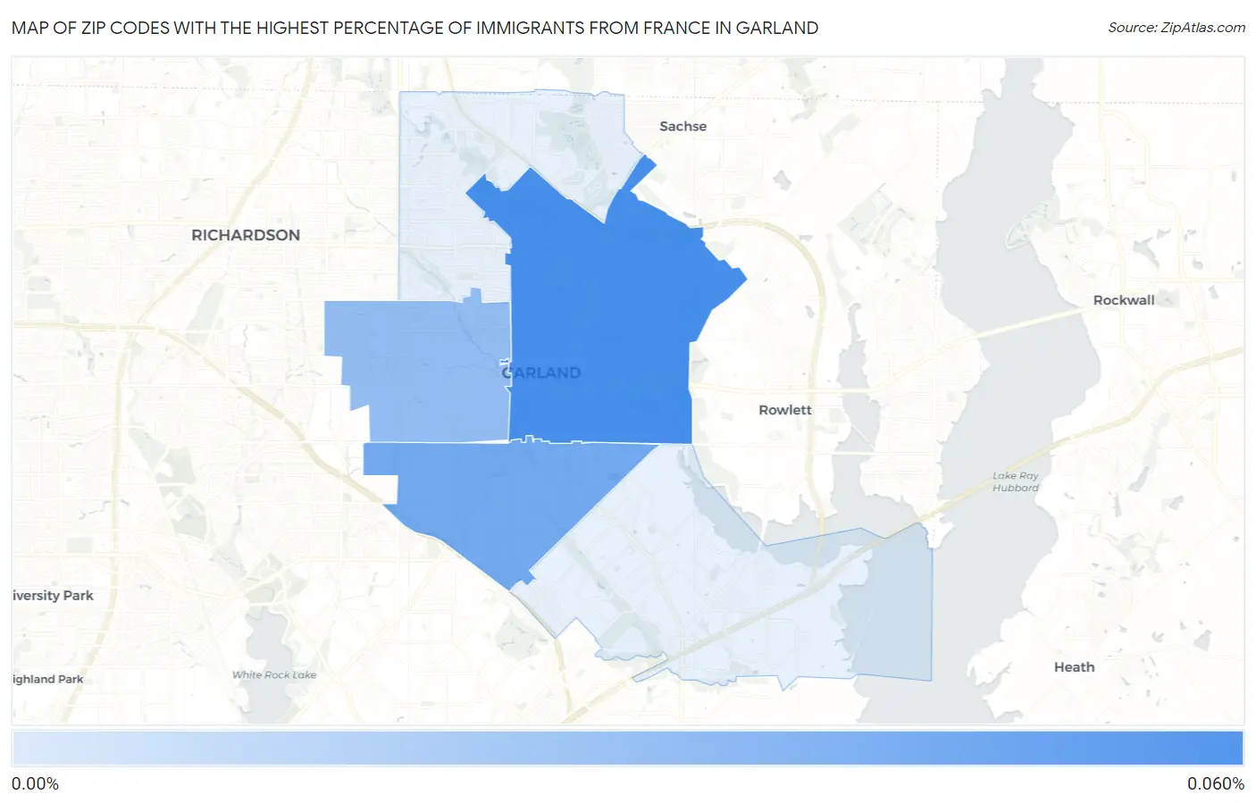 Zip Codes with the Highest Percentage of Immigrants from France in Garland Map