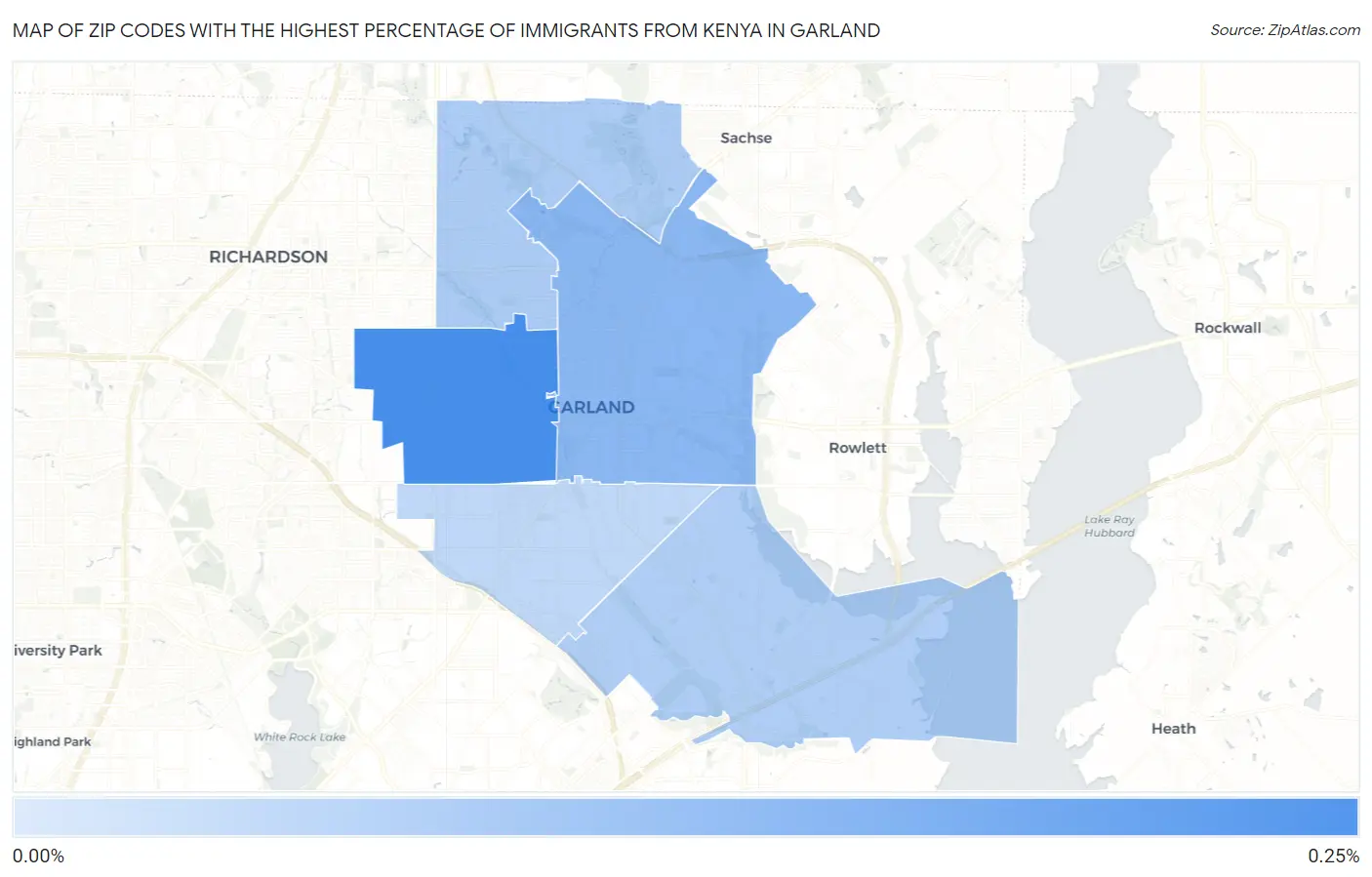 Zip Codes with the Highest Percentage of Immigrants from Kenya in Garland Map