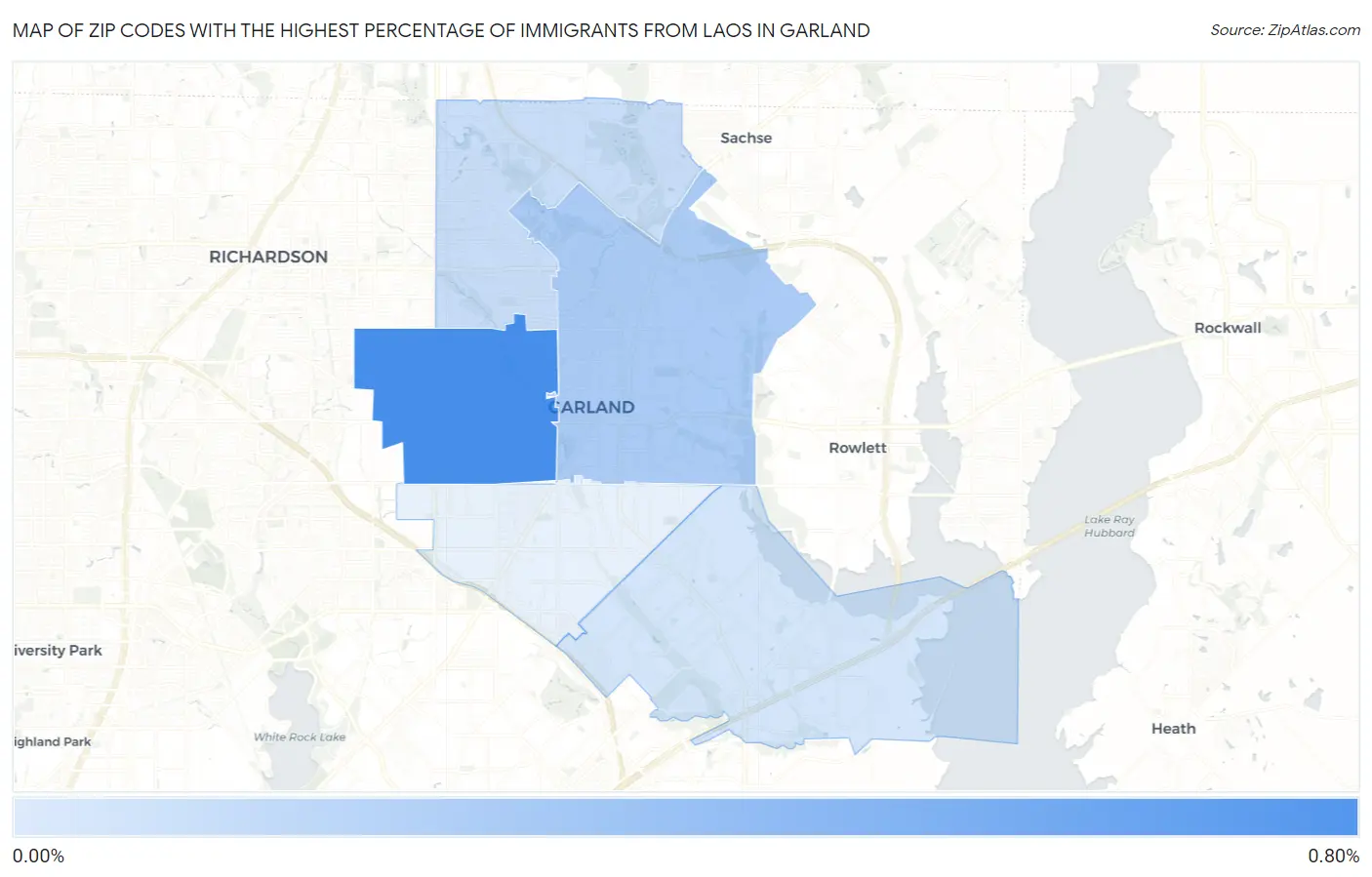 Zip Codes with the Highest Percentage of Immigrants from Laos in Garland Map