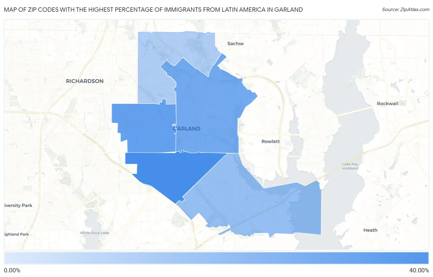 Zip Codes with the Highest Percentage of Immigrants from Latin America in Garland Map