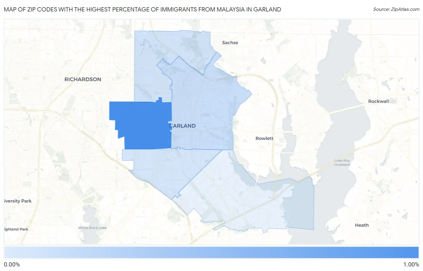 Zip Codes with the Highest Percentage of Immigrants from Malaysia in Garland Map