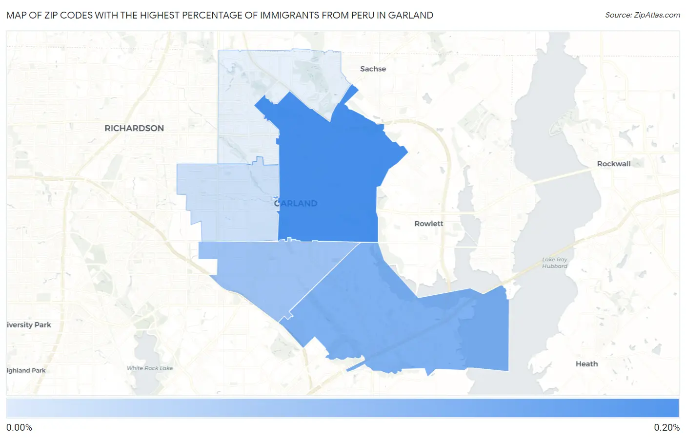 Zip Codes with the Highest Percentage of Immigrants from Peru in Garland Map