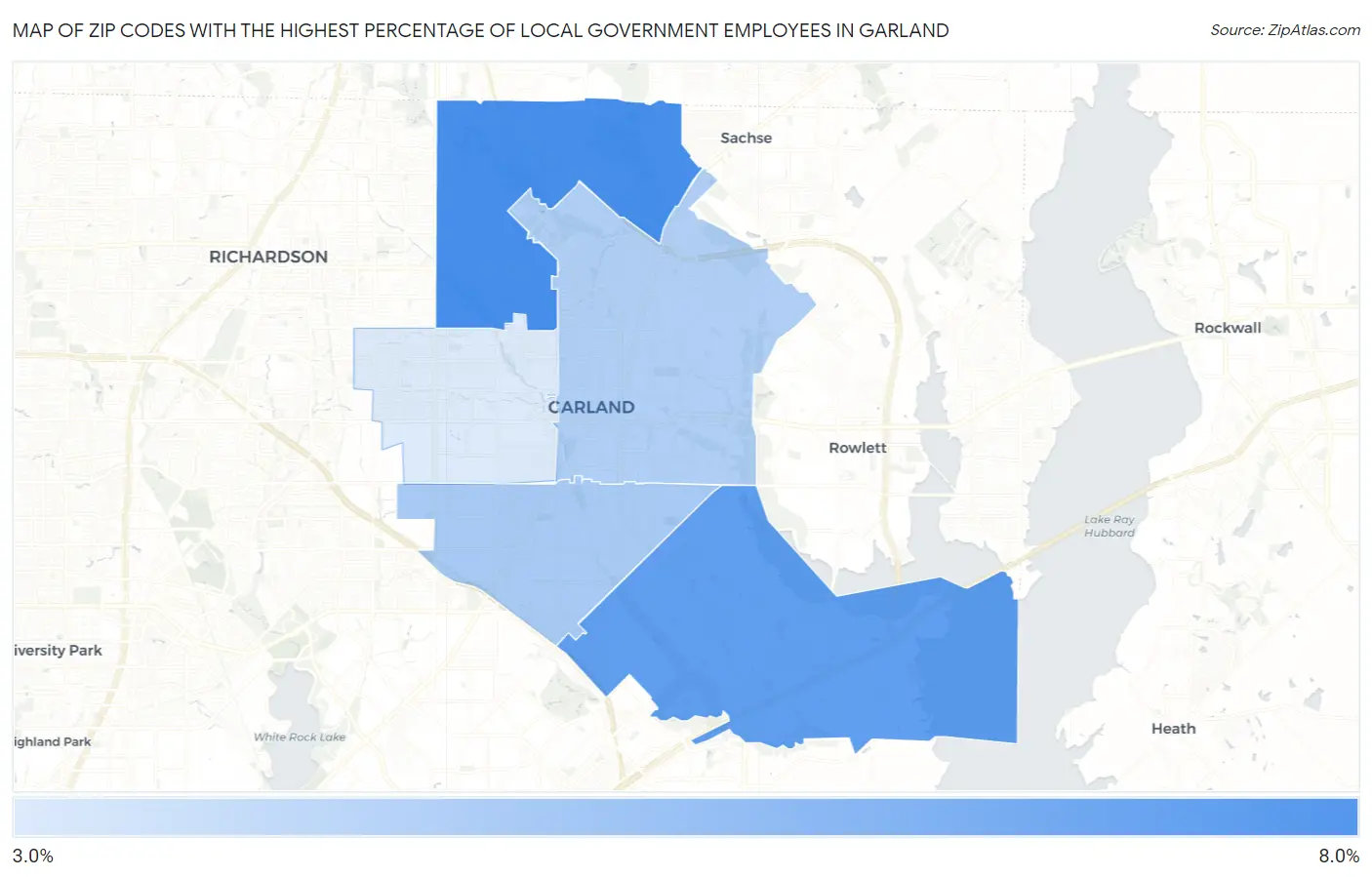 Zip Codes with the Highest Percentage of Local Government Employees in Garland Map