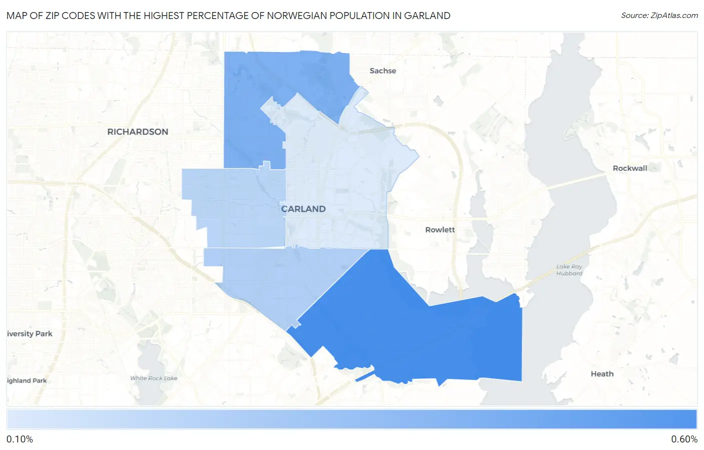 Zip Codes with the Highest Percentage of Norwegian Population in Garland Map