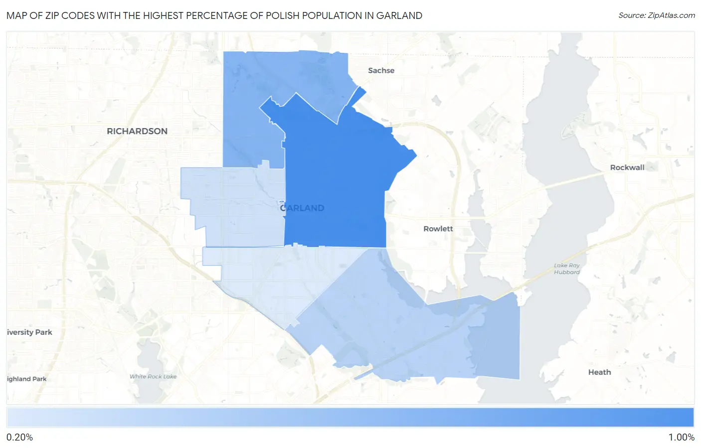 Zip Codes with the Highest Percentage of Polish Population in Garland Map