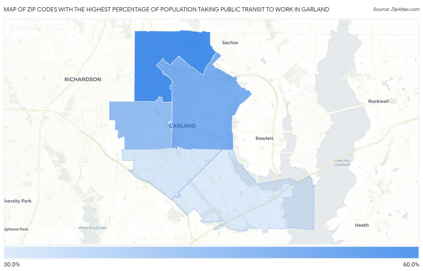 Zip Codes with the Highest Percentage of Population Taking Public Transit to Work in Garland Map