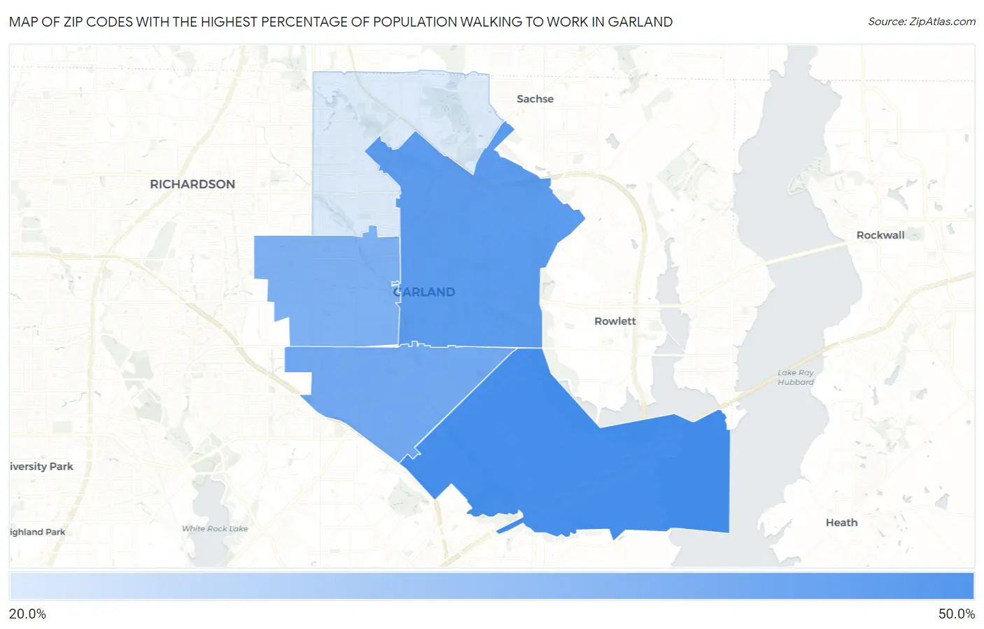 Zip Codes with the Highest Percentage of Population Walking to Work in Garland Map