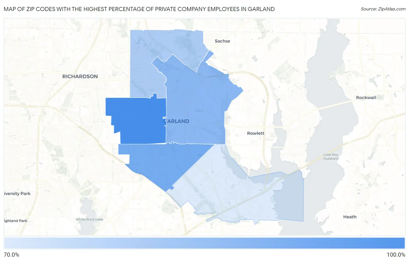Zip Codes with the Highest Percentage of Private Company Employees in Garland Map