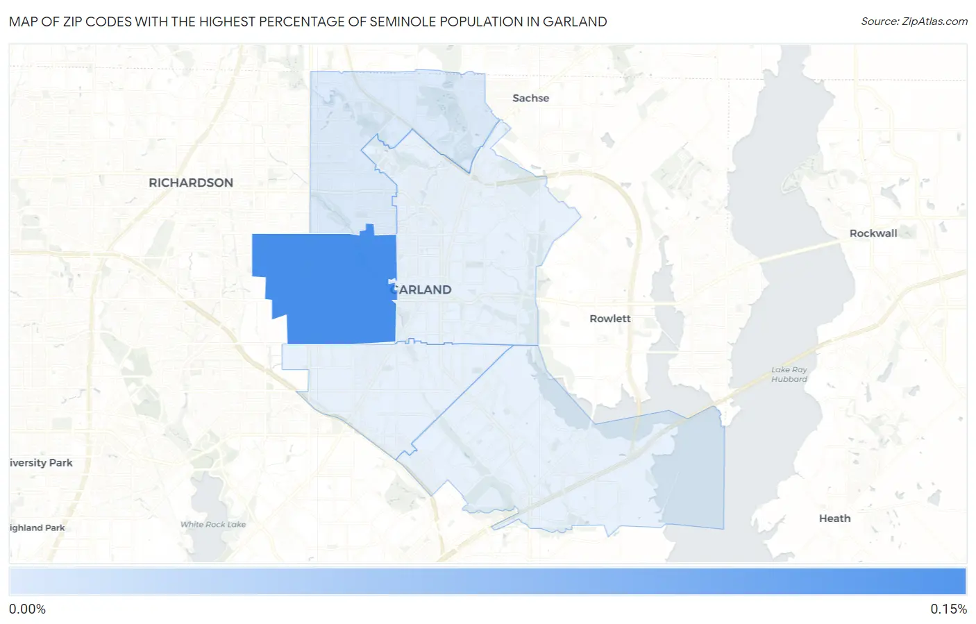 Zip Codes with the Highest Percentage of Seminole Population in Garland Map