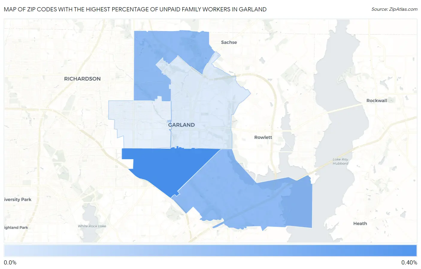 Zip Codes with the Highest Percentage of Unpaid Family Workers in Garland Map