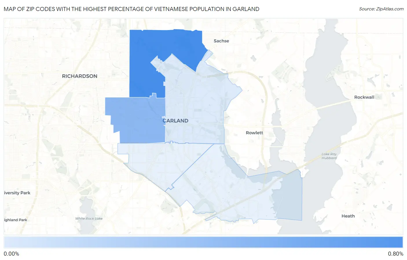 Zip Codes with the Highest Percentage of Vietnamese Population in Garland Map