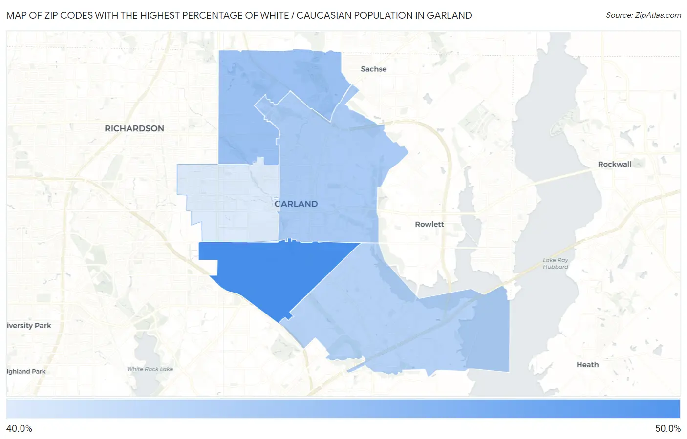 Zip Codes with the Highest Percentage of White / Caucasian Population in Garland Map