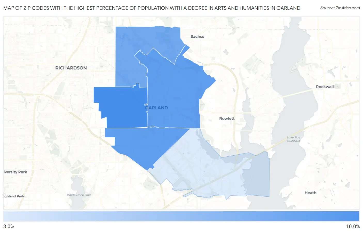 Zip Codes with the Highest Percentage of Population with a Degree in Arts and Humanities in Garland Map