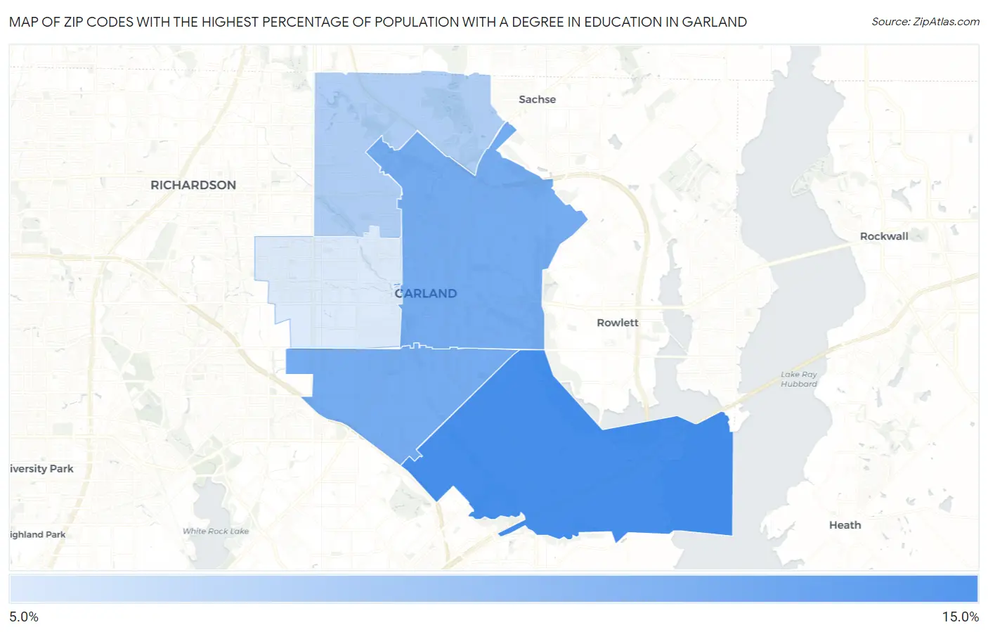 Zip Codes with the Highest Percentage of Population with a Degree in Education in Garland Map