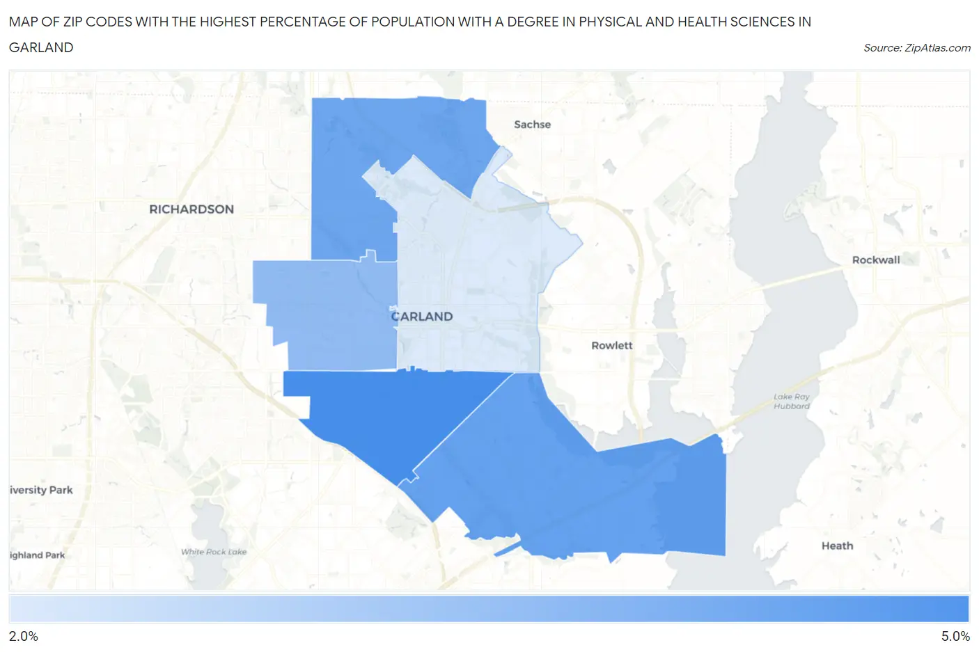 Zip Codes with the Highest Percentage of Population with a Degree in Physical and Health Sciences in Garland Map