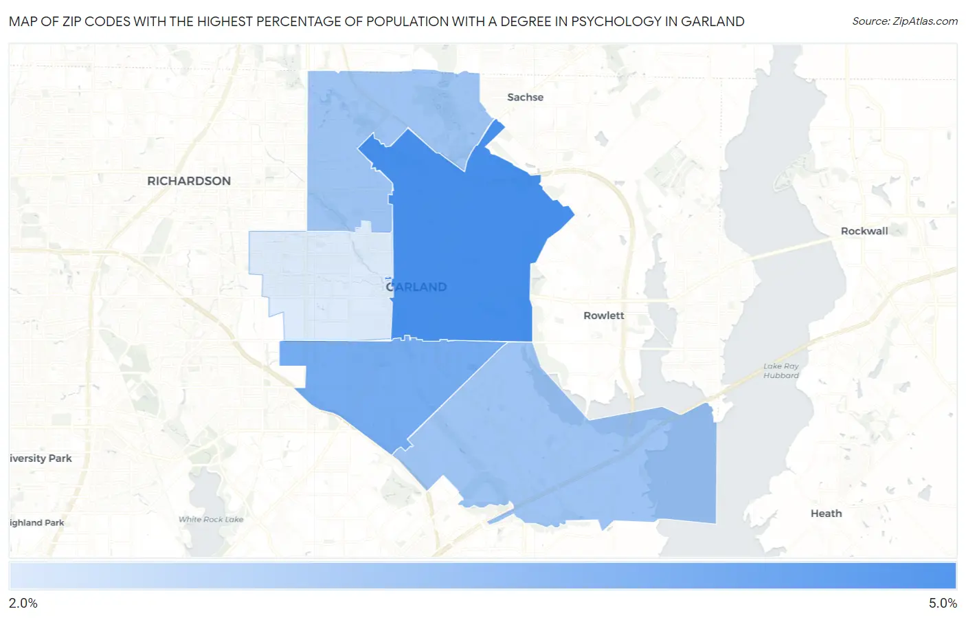 Zip Codes with the Highest Percentage of Population with a Degree in Psychology in Garland Map