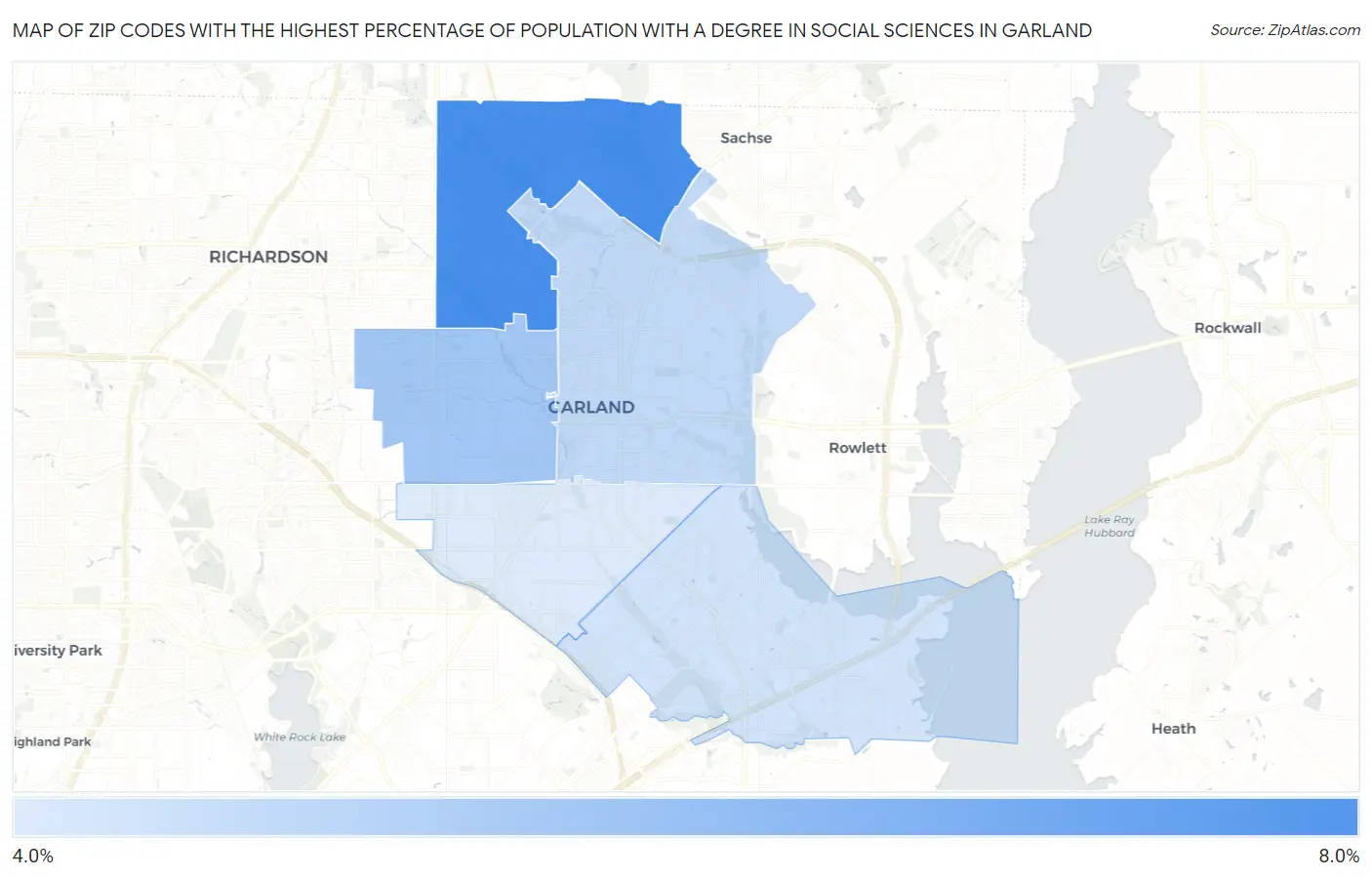 Zip Codes with the Highest Percentage of Population with a Degree in Social Sciences in Garland Map