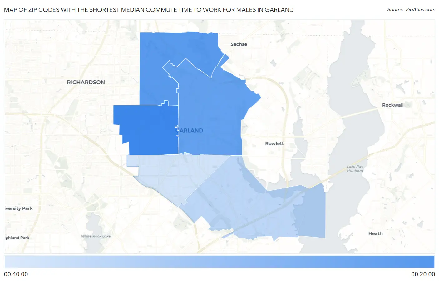 Zip Codes with the Shortest Median Commute Time to Work for Males in Garland Map