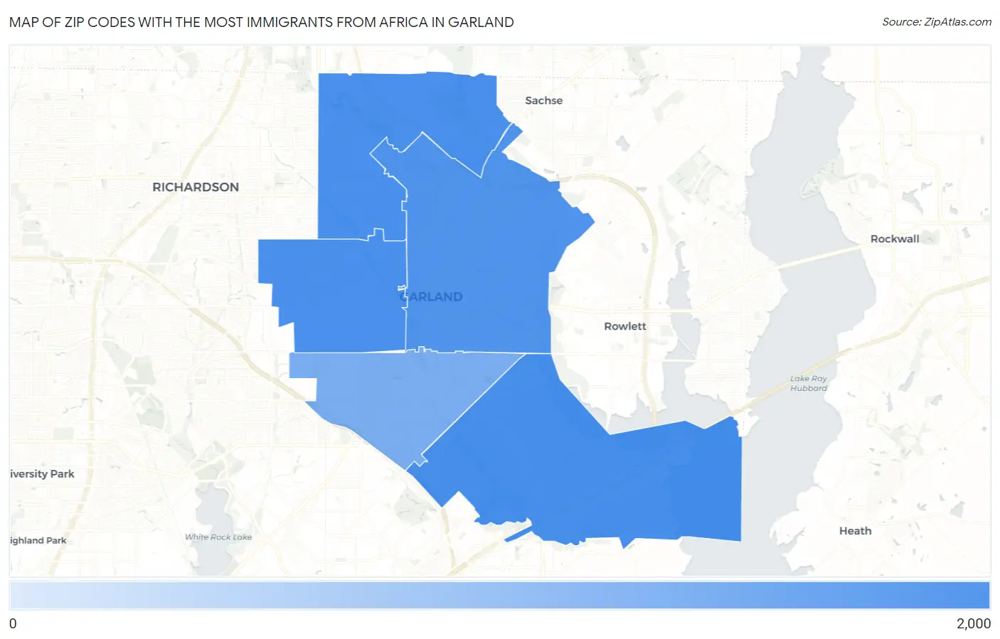 Zip Codes with the Most Immigrants from Africa in Garland Map