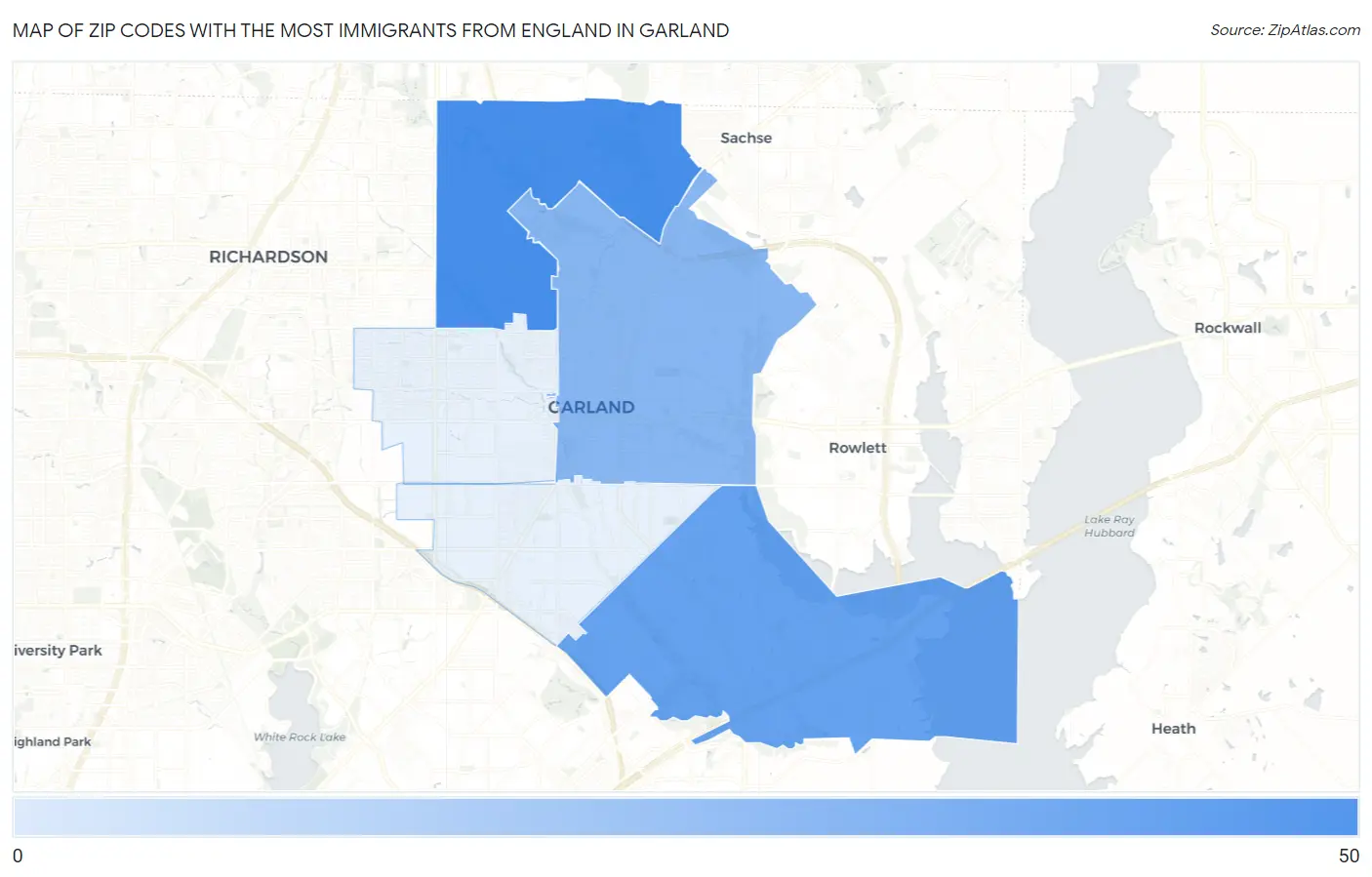 Zip Codes with the Most Immigrants from England in Garland Map