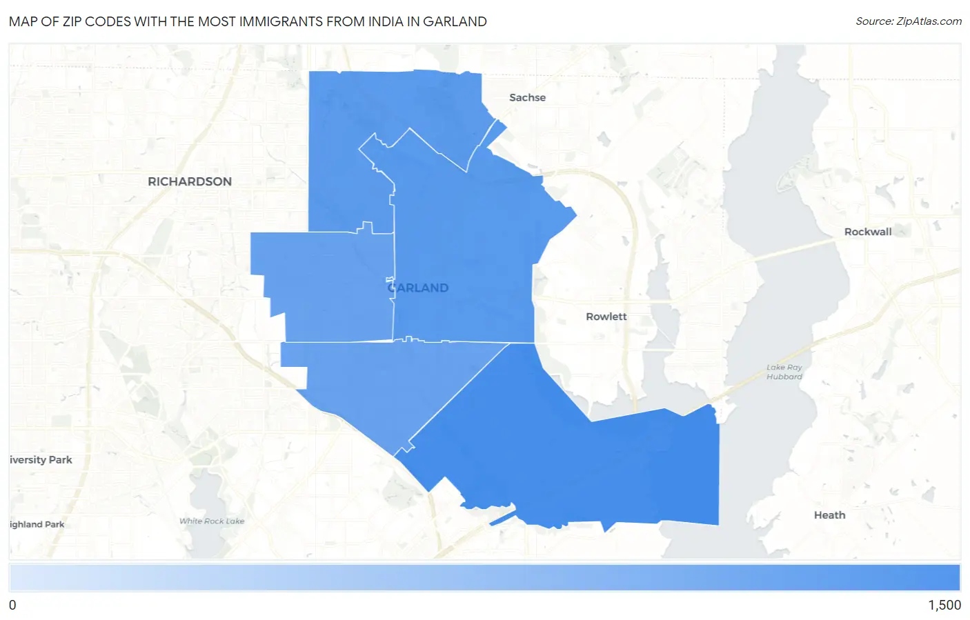Zip Codes with the Most Immigrants from India in Garland Map