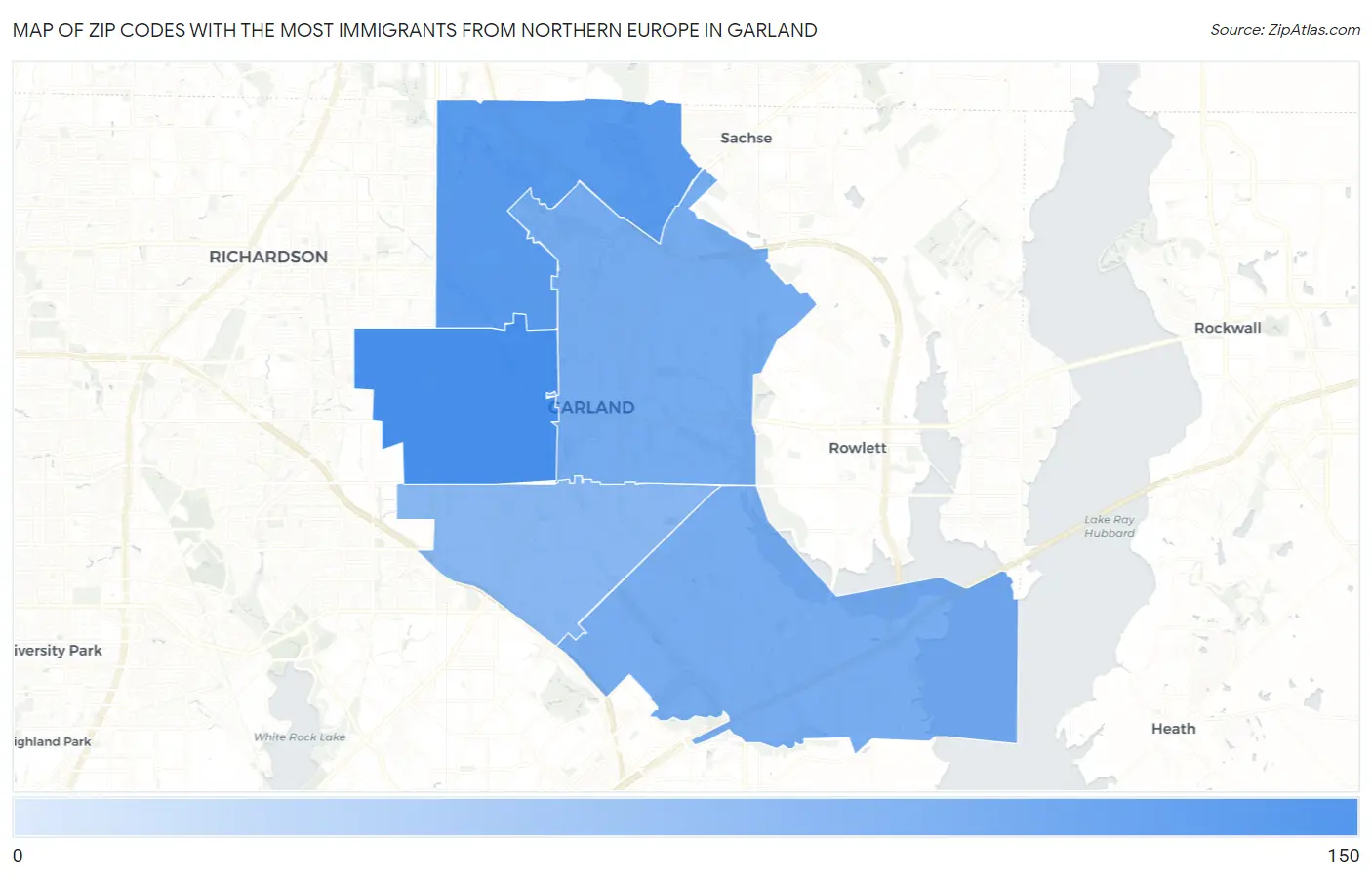 Zip Codes with the Most Immigrants from Northern Europe in Garland Map