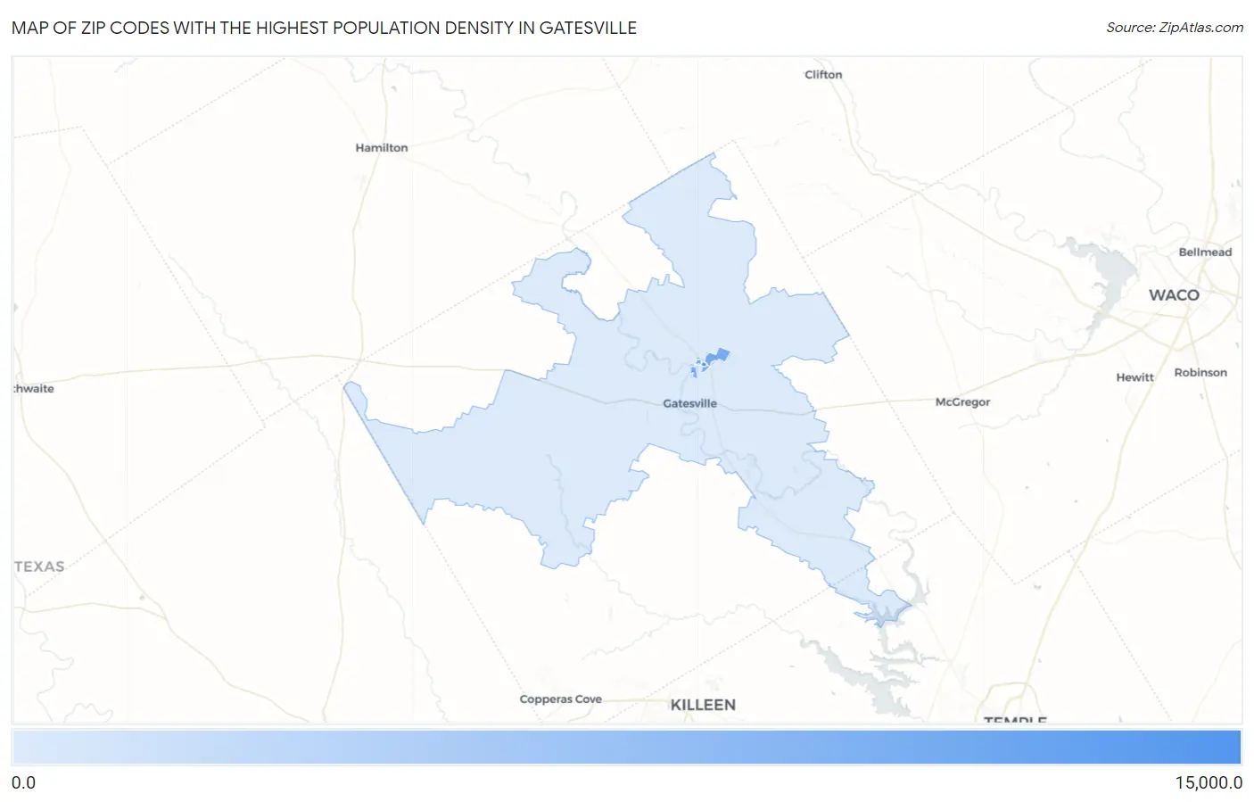 Zip Codes with the Highest Population Density in Gatesville Map