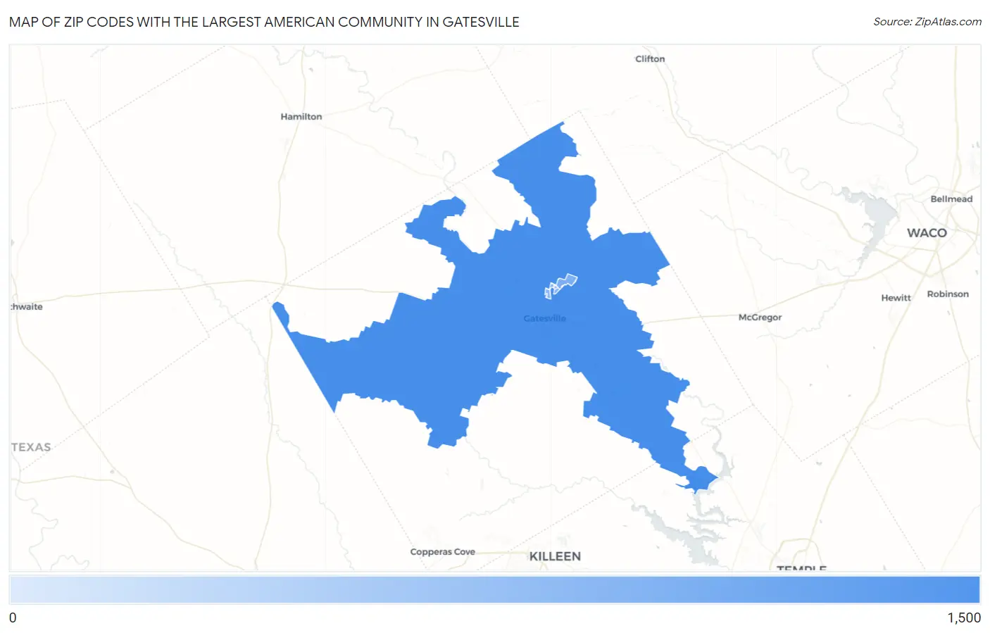 Zip Codes with the Largest American Community in Gatesville Map
