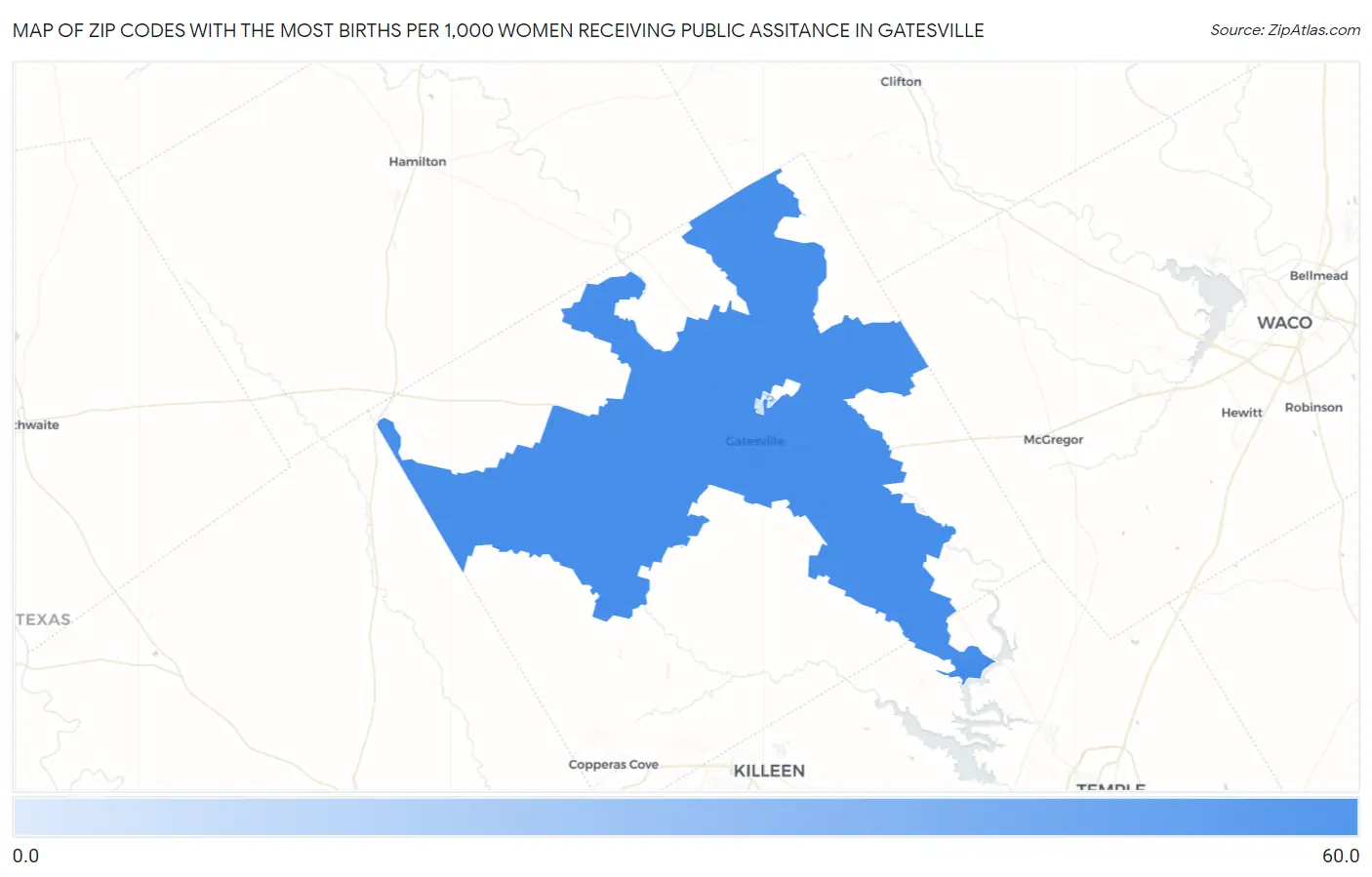Zip Codes with the Most Births per 1,000 Women Receiving Public Assitance in Gatesville Map