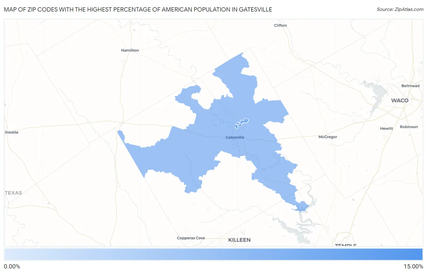 Zip Codes with the Highest Percentage of American Population in Gatesville Map