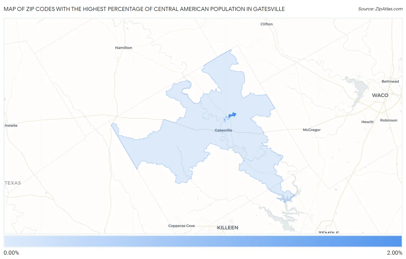 Zip Codes with the Highest Percentage of Central American Population in Gatesville Map