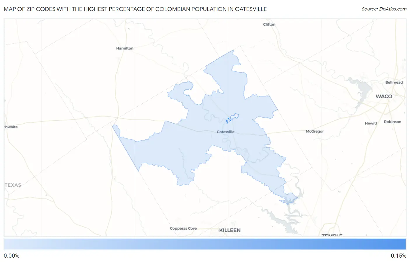 Zip Codes with the Highest Percentage of Colombian Population in Gatesville Map