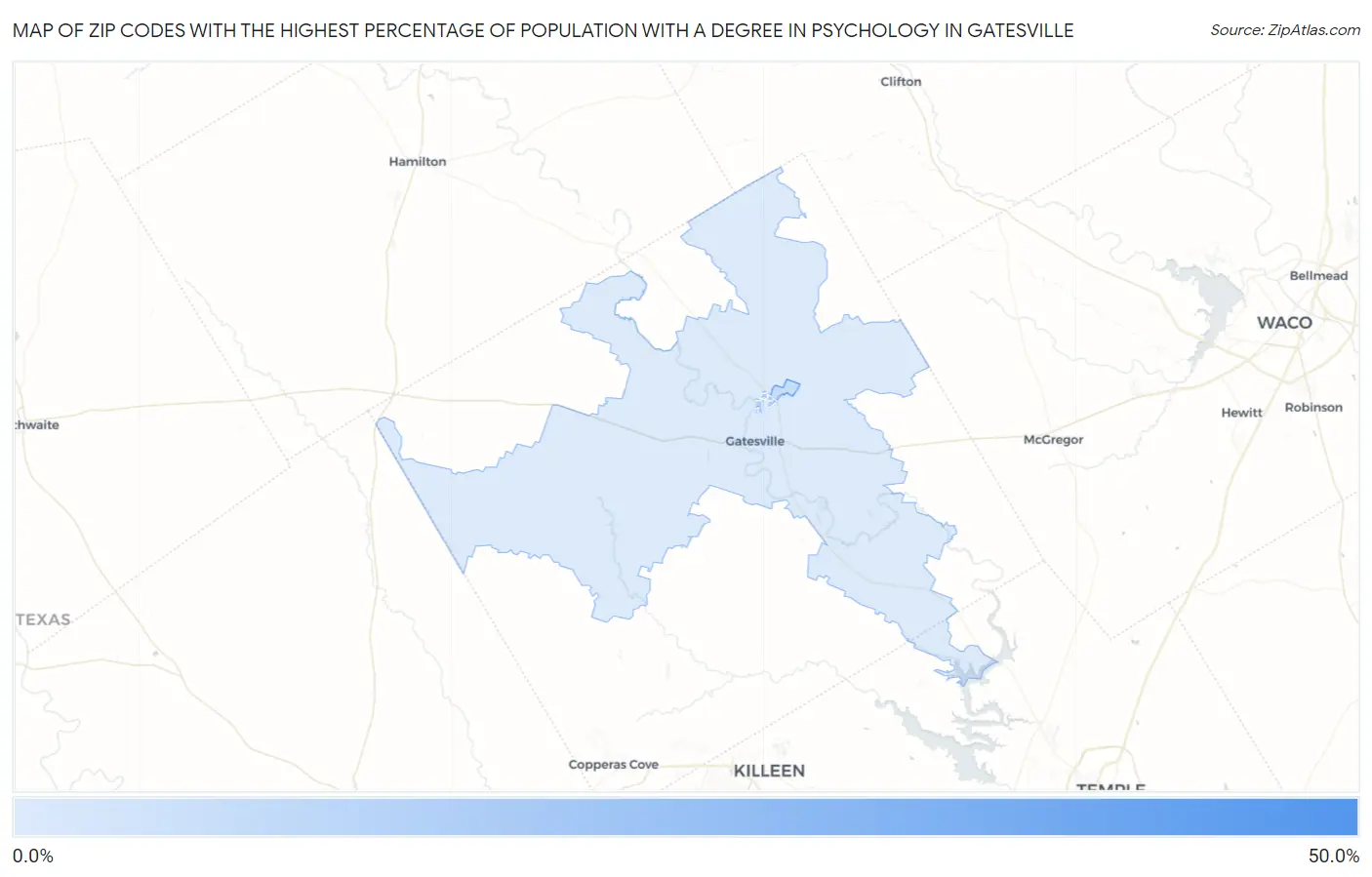 Zip Codes with the Highest Percentage of Population with a Degree in Psychology in Gatesville Map