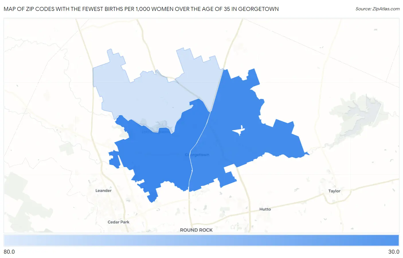 Zip Codes with the Fewest Births per 1,000 Women Over the Age of 35 in Georgetown Map