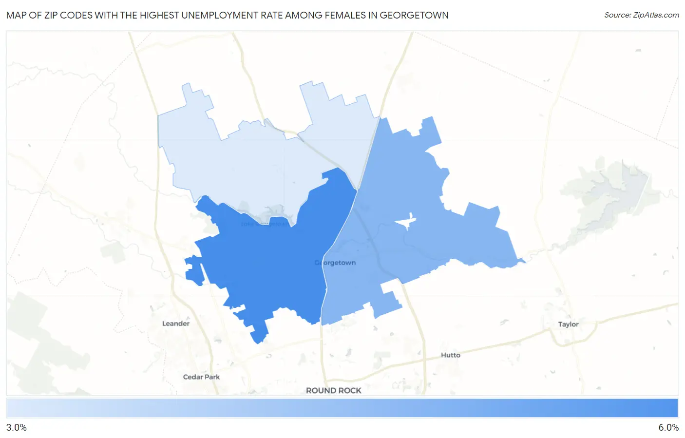 Zip Codes with the Highest Unemployment Rate Among Females in Georgetown Map