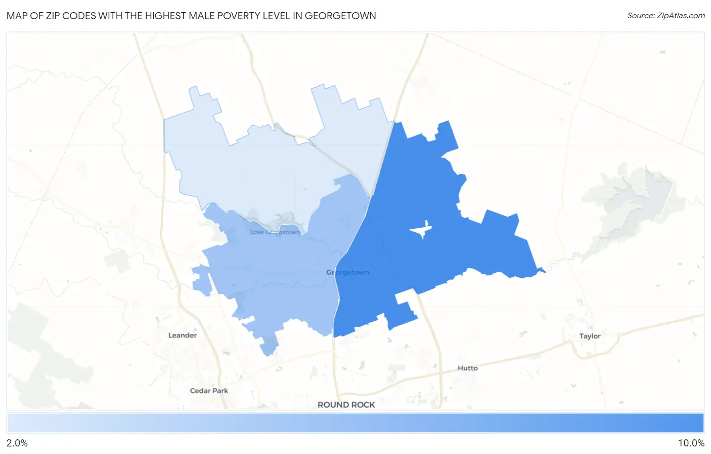 Zip Codes with the Highest Male Poverty Level in Georgetown Map