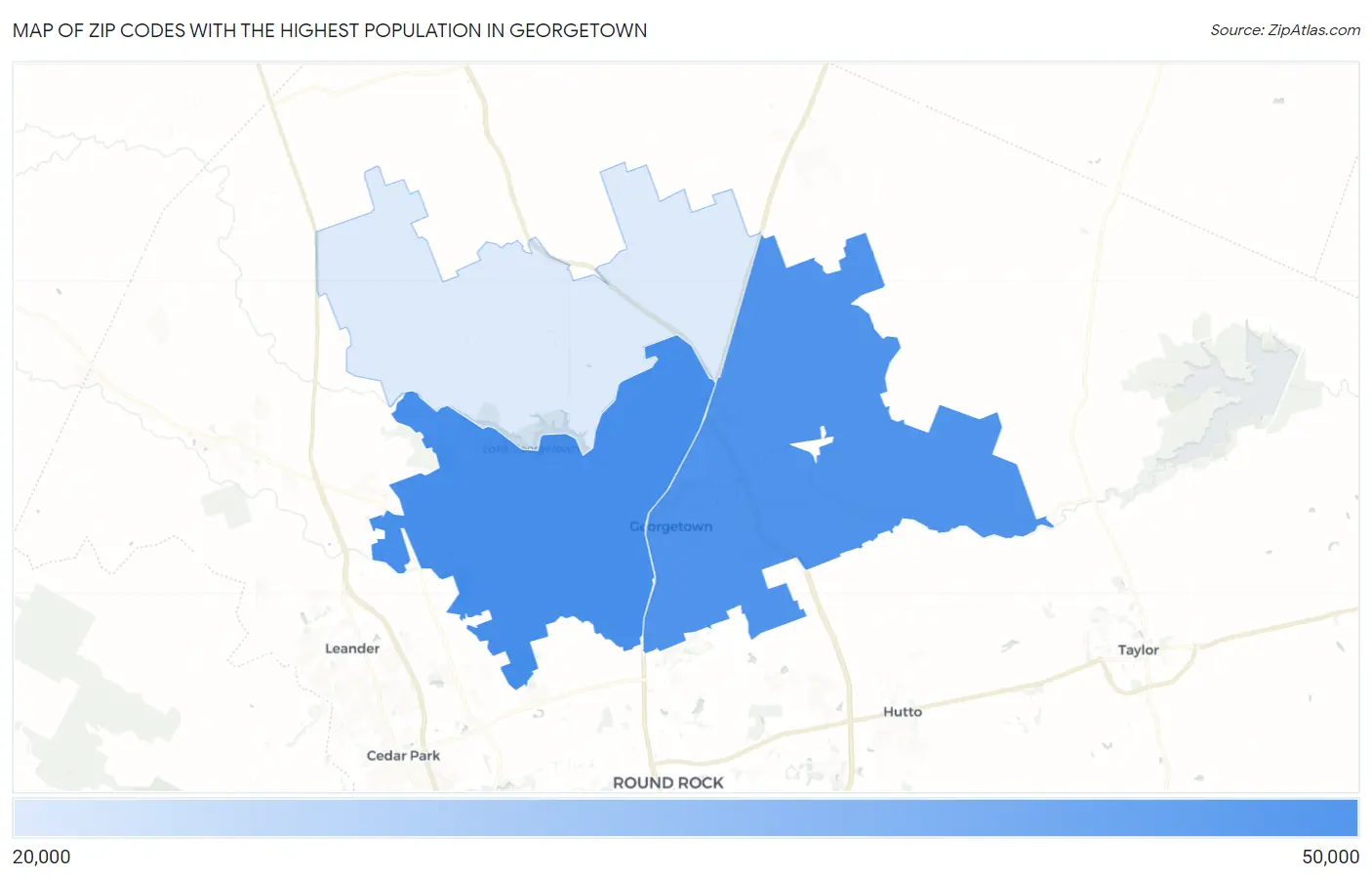 Zip Codes with the Highest Population in Georgetown Map
