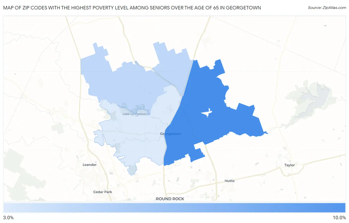 Zip Codes with the Highest Poverty Level Among Seniors Over the Age of 65 in Georgetown Map