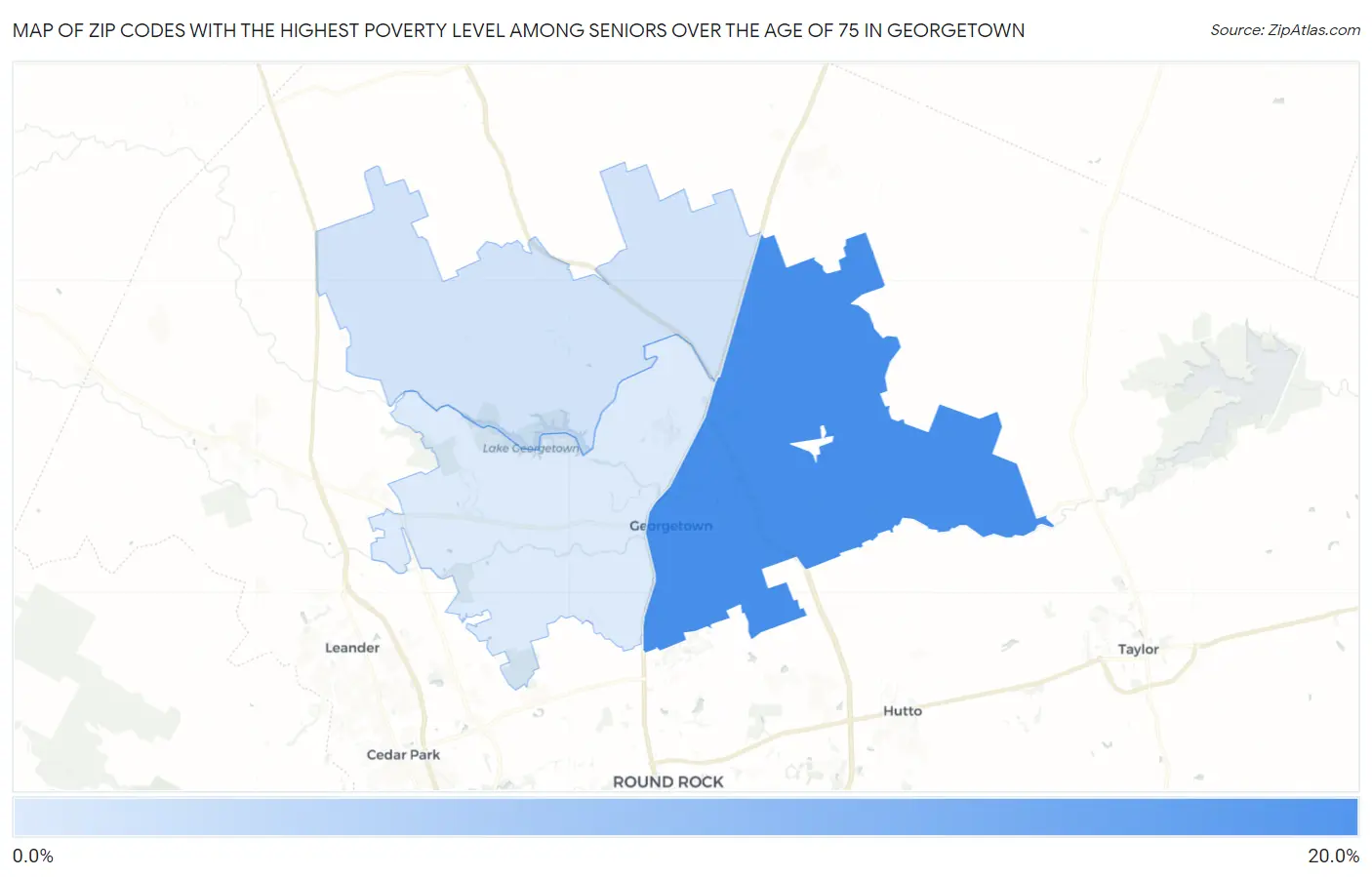 Zip Codes with the Highest Poverty Level Among Seniors Over the Age of 75 in Georgetown Map