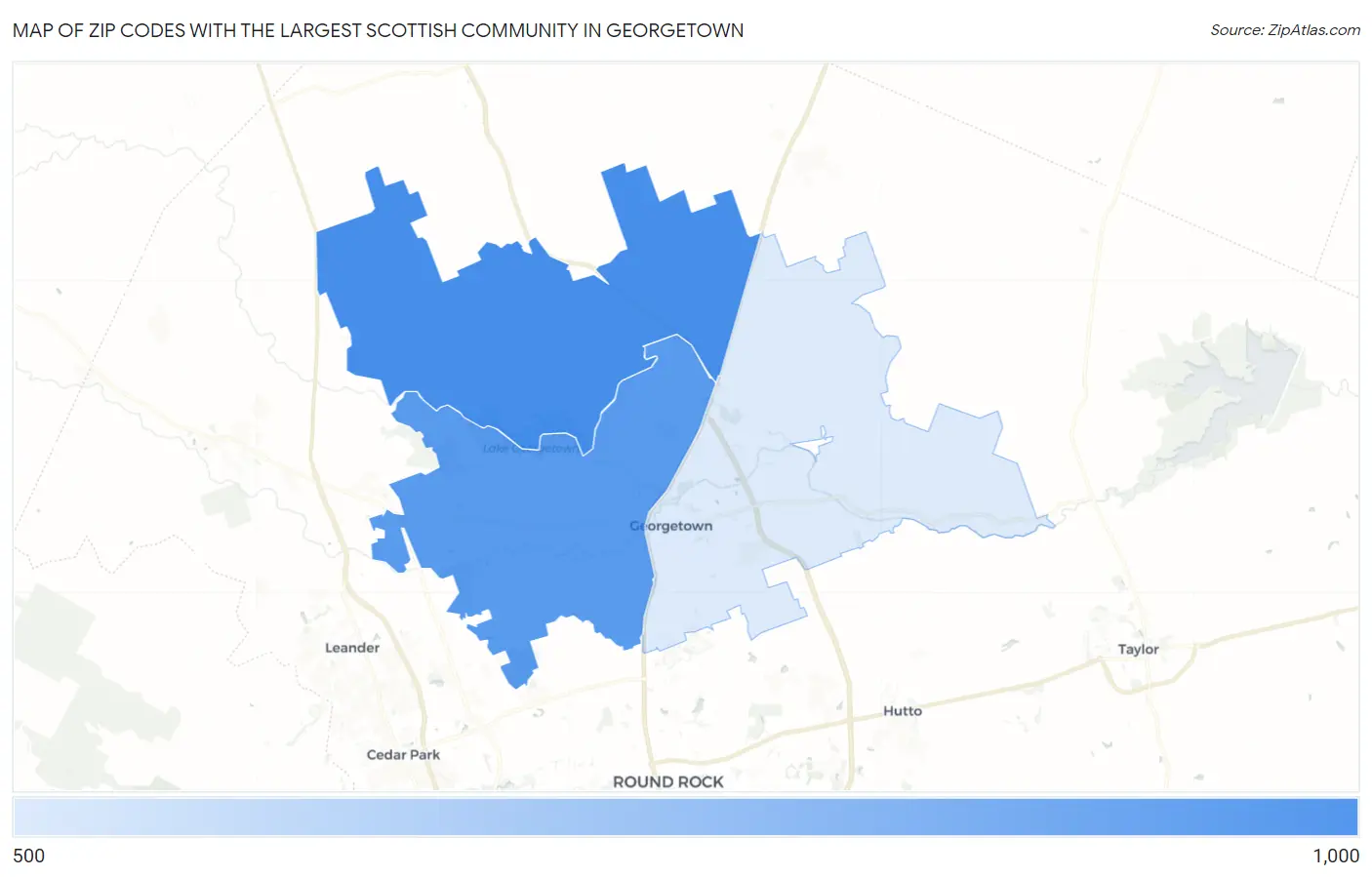 Zip Codes with the Largest Scottish Community in Georgetown Map