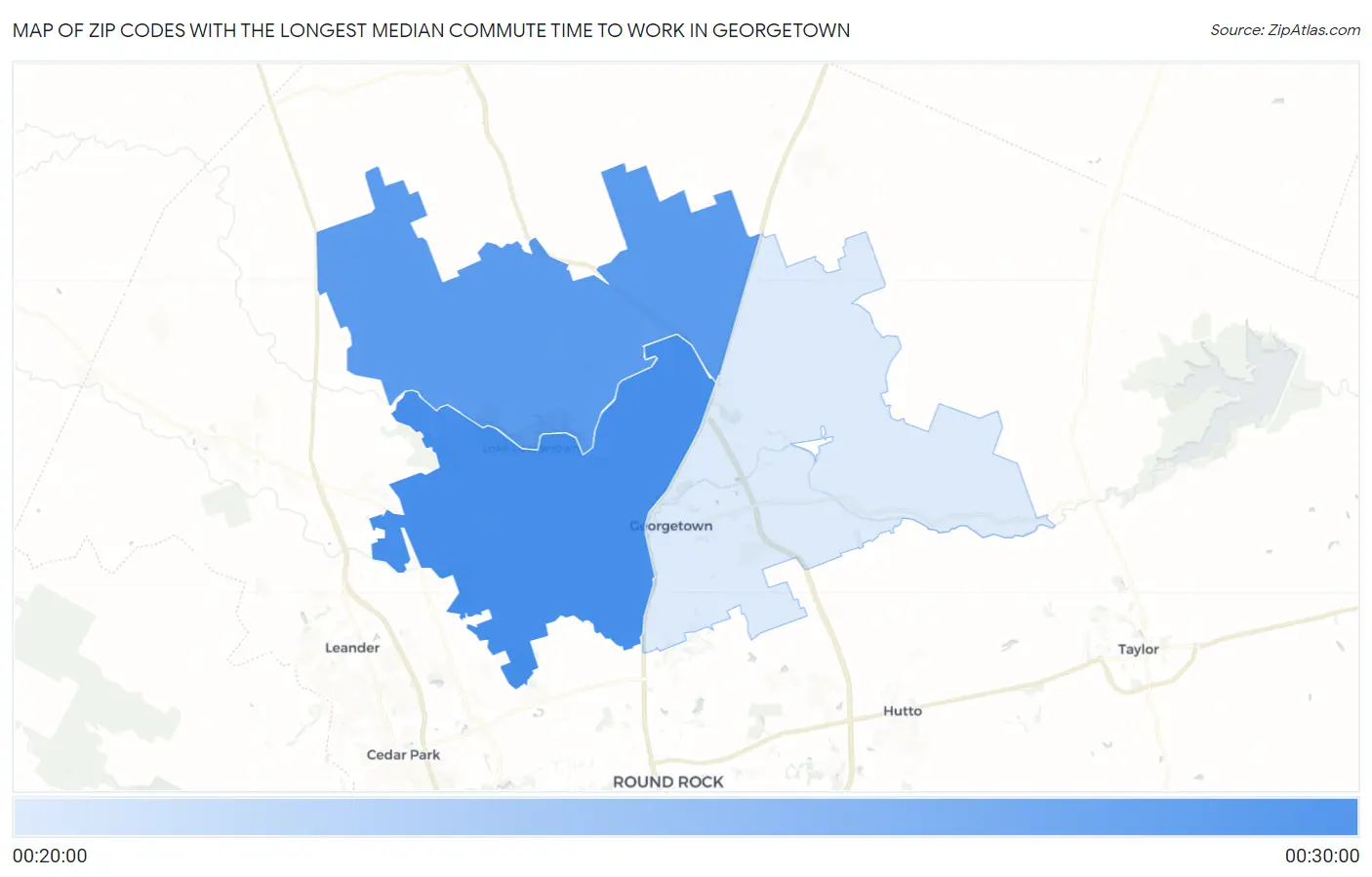 Zip Codes with the Longest Median Commute Time to Work in Georgetown Map