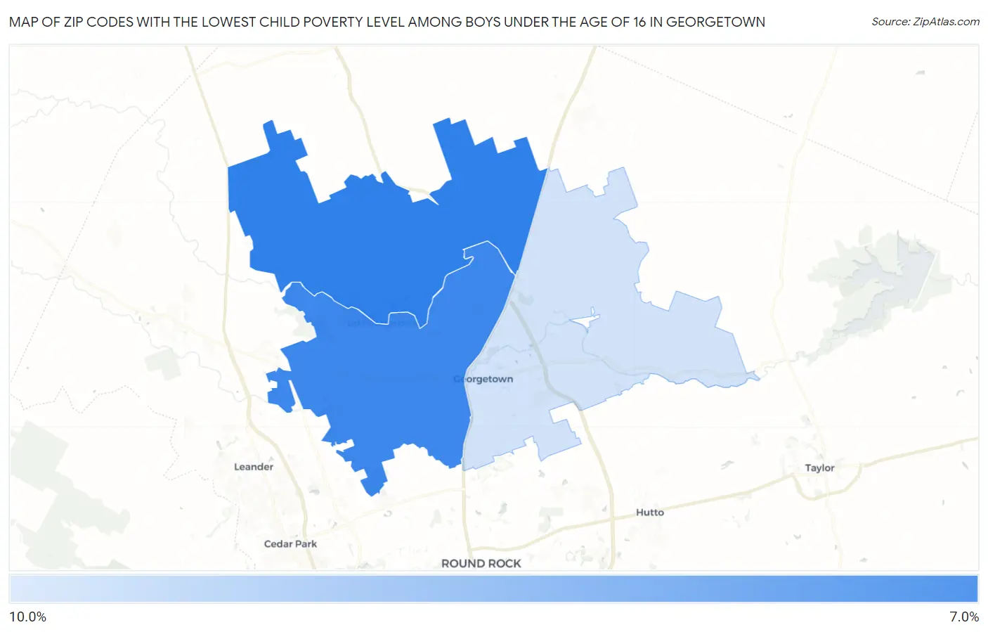 Zip Codes with the Lowest Child Poverty Level Among Boys Under the Age of 16 in Georgetown Map