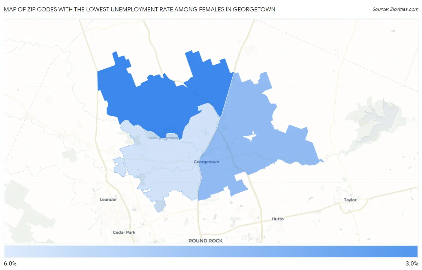 Zip Codes with the Lowest Unemployment Rate Among Females in Georgetown Map
