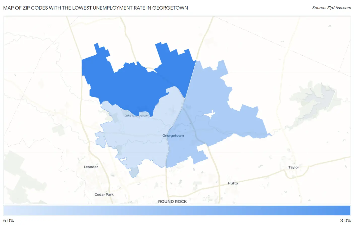 Zip Codes with the Lowest Unemployment Rate in Georgetown Map