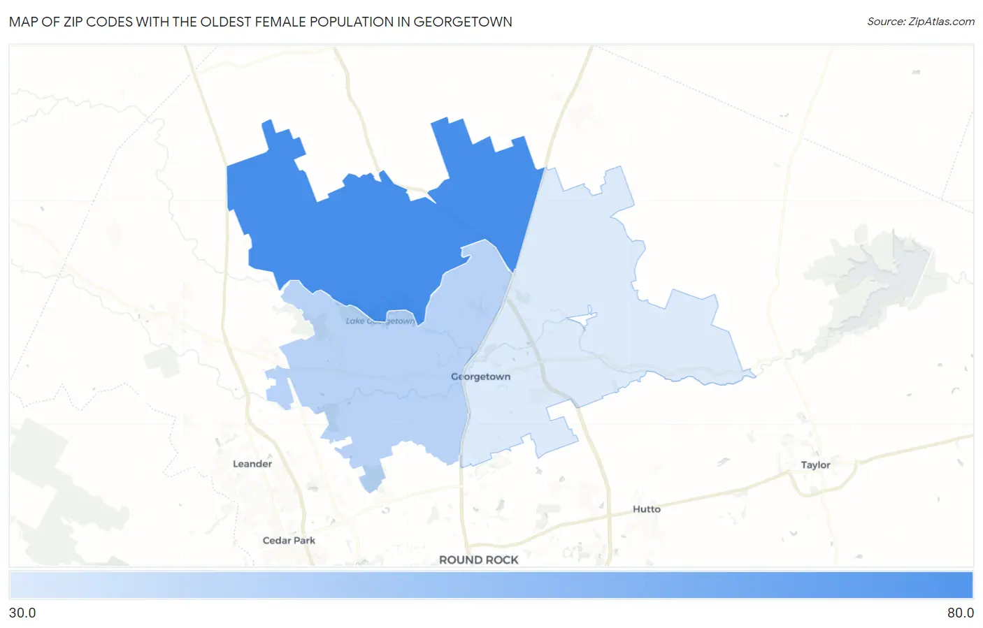 Zip Codes with the Oldest Female Population in Georgetown Map