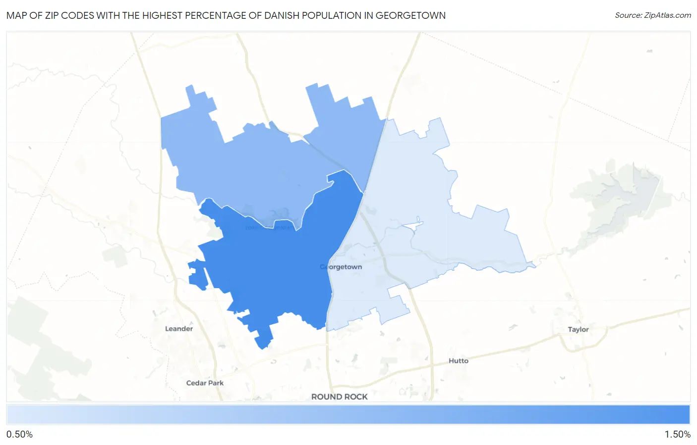 Zip Codes with the Highest Percentage of Danish Population in Georgetown Map
